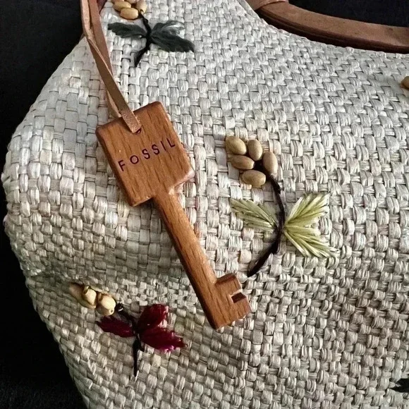 Fossil Vintage Bag Woven Straw & Leather Embroidered Beaded Floral Bag No Strap - Picture 2 of 5